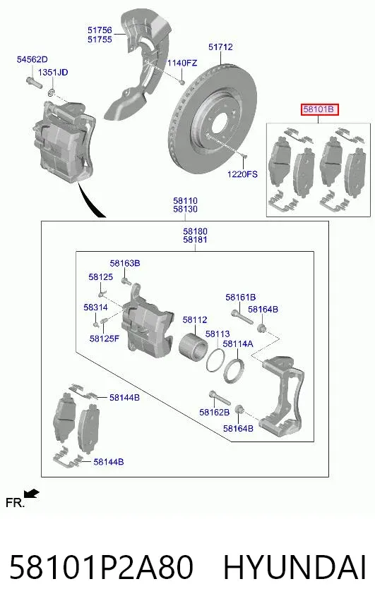 Klocki hamulcowe przednie tarczowe 58101P2A80 Hyundai/Kia