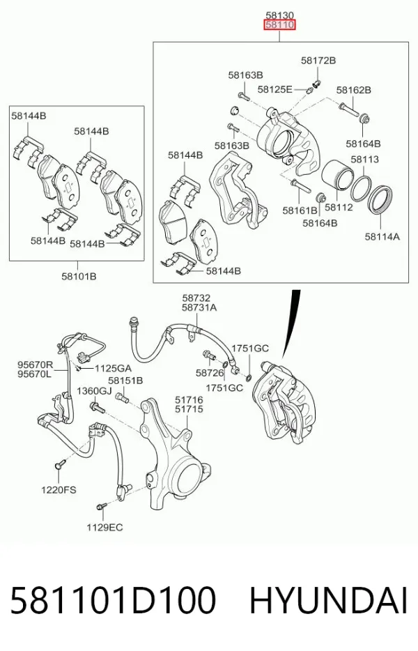 Zacisk hamulcowy przedni lewy 581101D100 Hyundai/Kia
