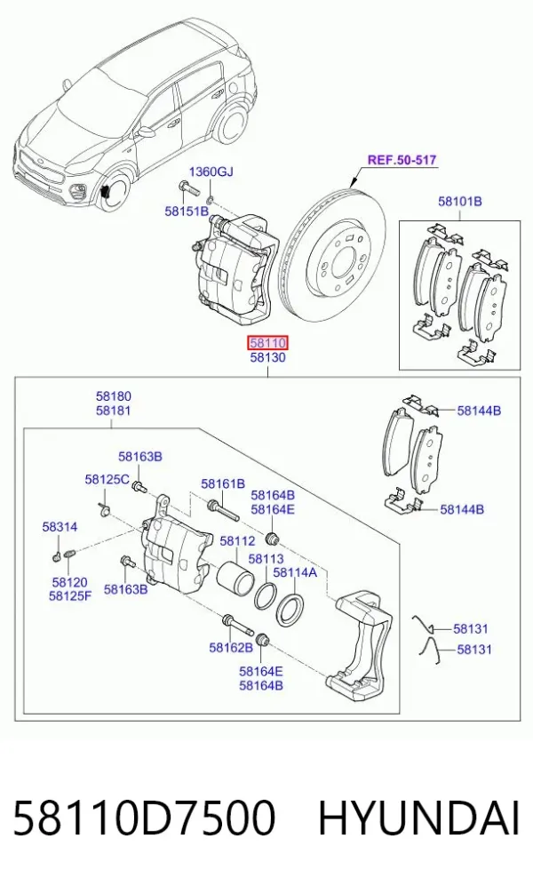 Zacisk hamulcowy przedni lewy 58110D7500 Hyundai/Kia