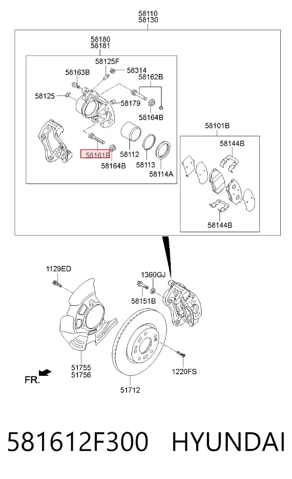 Prowadnica zacisku przedniego dolna 581612F300 Hyundai/Kia