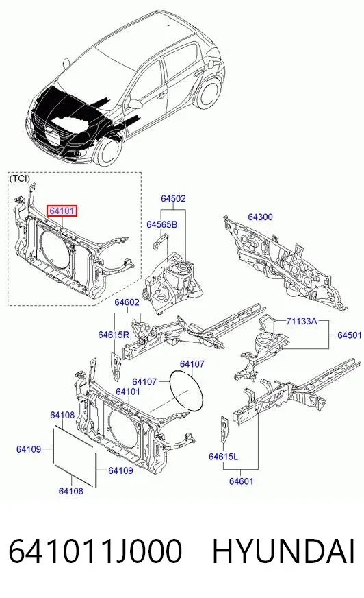 Osłona chłodnicy kompletna (panel mocowania reflektorów) 641011J000 Hyundai/Kia