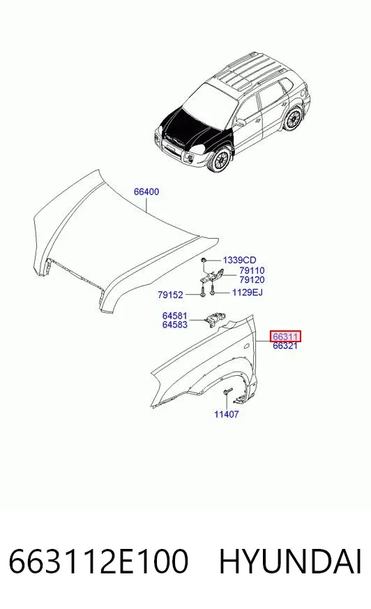 Błotnik przedni lewy 663112E100 Hyundai/Kia