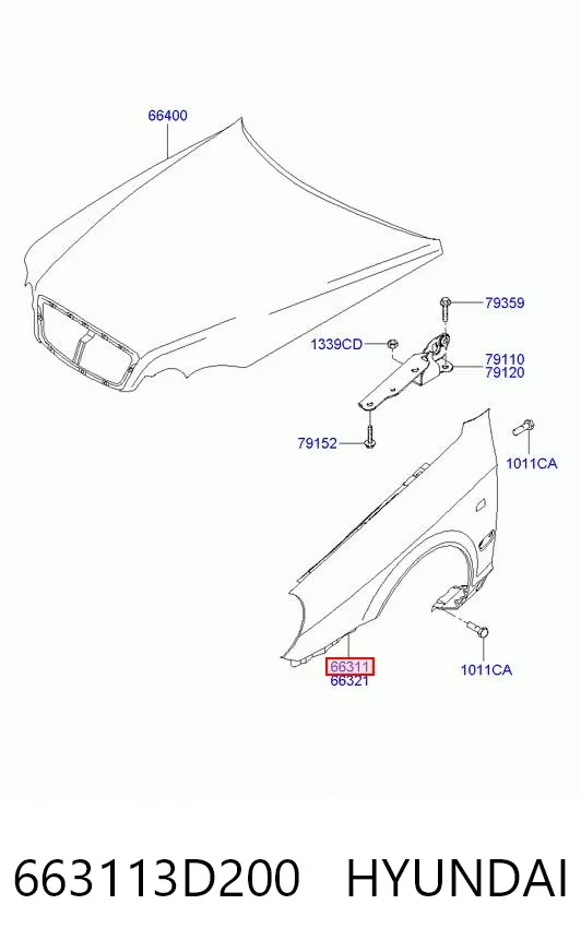 Błotnik przedni lewy 663113D200 Hyundai/Kia