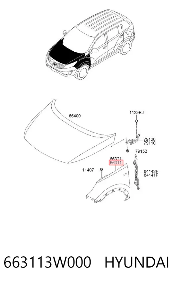 Błotnik przedni lewy 663113W000 Hyundai/Kia