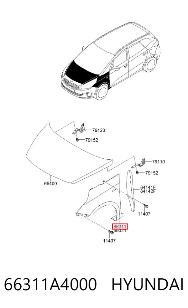 Błotnik przedni lewy 66311A4000 Hyundai/Kia