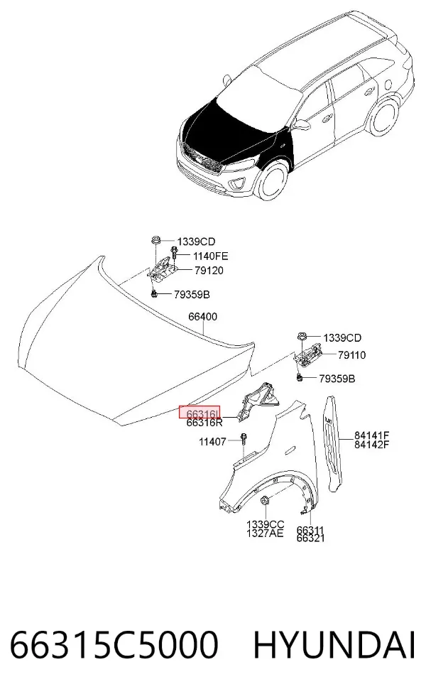 Wspornik górny do mocowania błotnika przedniego lewego 66315C5000 Hyundai/Kia