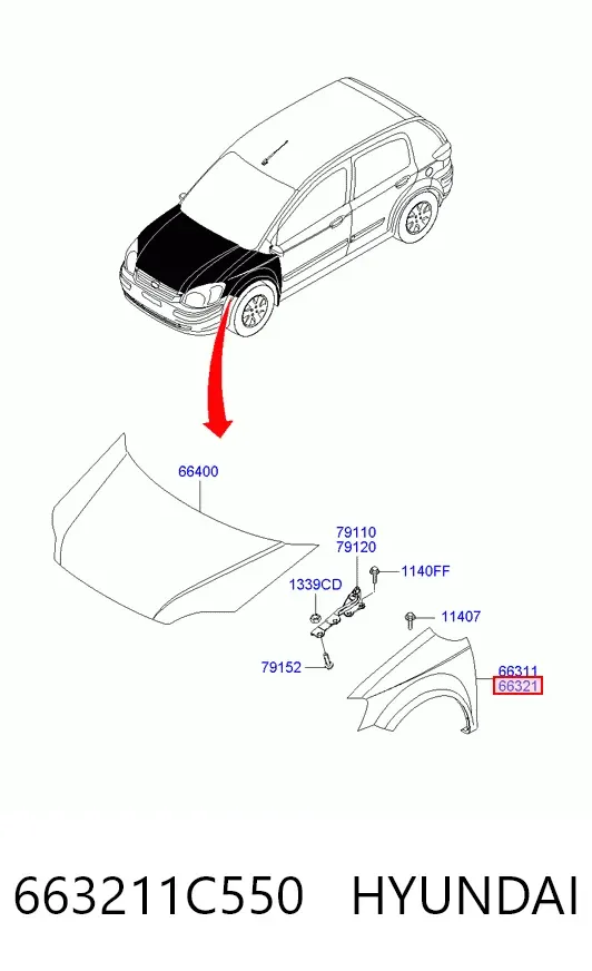 Błotnik przedni prawy 663211C550 Hyundai/Kia