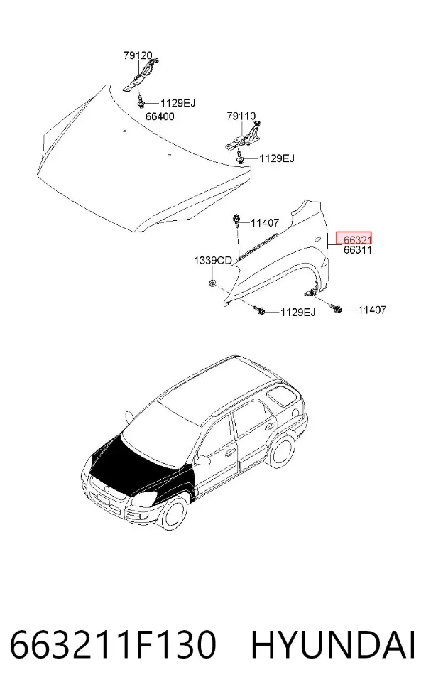 Błotnik przedni prawy 663211F130 Hyundai/Kia