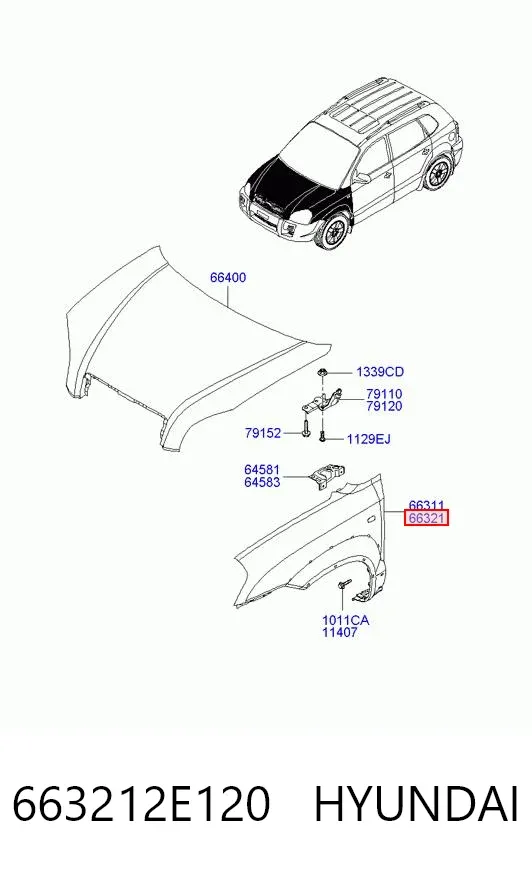 Błotnik przedni prawy 663212E120 Hyundai/Kia