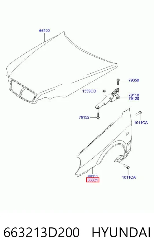 Błotnik przedni prawy 663213D200 Hyundai/Kia