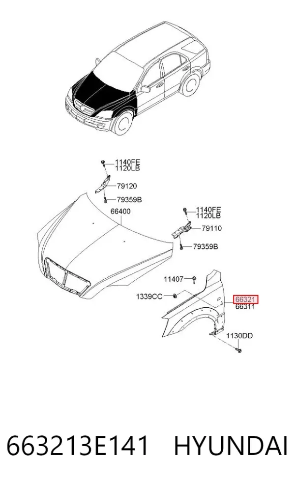 Błotnik przedni prawy 663213E141 Hyundai/Kia