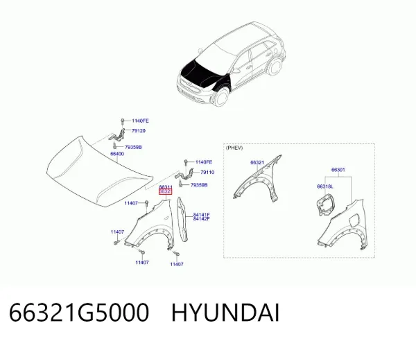 Błotnik przedni prawy 66321G5000 Hyundai/Kia