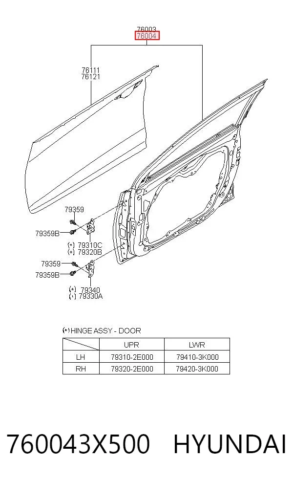 Drzwi przednie prawe 760043X500 Hyundai/Kia