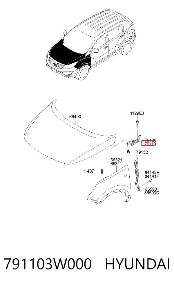 Zawias maski lewy 791103W000 Hyundai/Kia