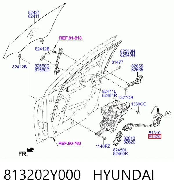Zamek drzwi przednich prawych 813202Y000 Hyundai/Kia