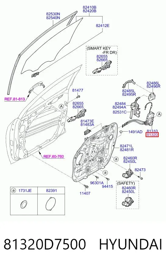 Zamek drzwi przednich prawych 81320D7500 Hyundai/Kia