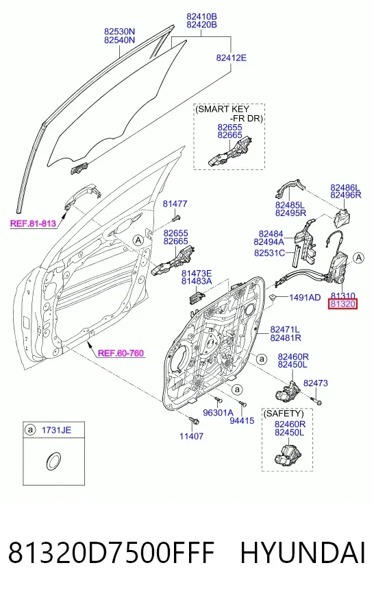 Zamek drzwi przednich prawych 81320D7500FFF Hyundai/Kia