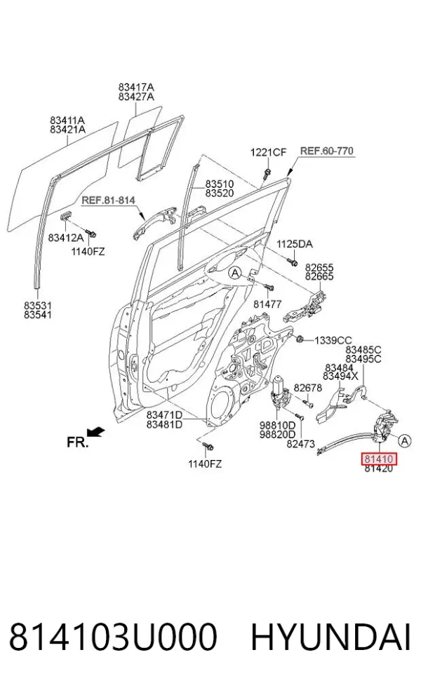 Zamek drzwi tylnych lewych 814103U000 Hyundai/Kia