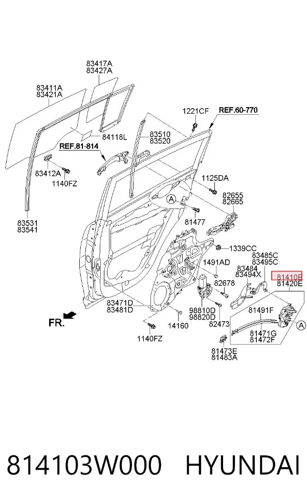 Zamek drzwi tylnych lewych 814103W000 Hyundai/Kia