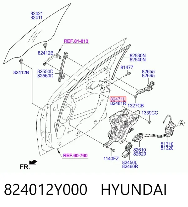 Mechanizm podnoszenia szyby drzwi przednich lewych 824012Y000 Hyundai/Kia