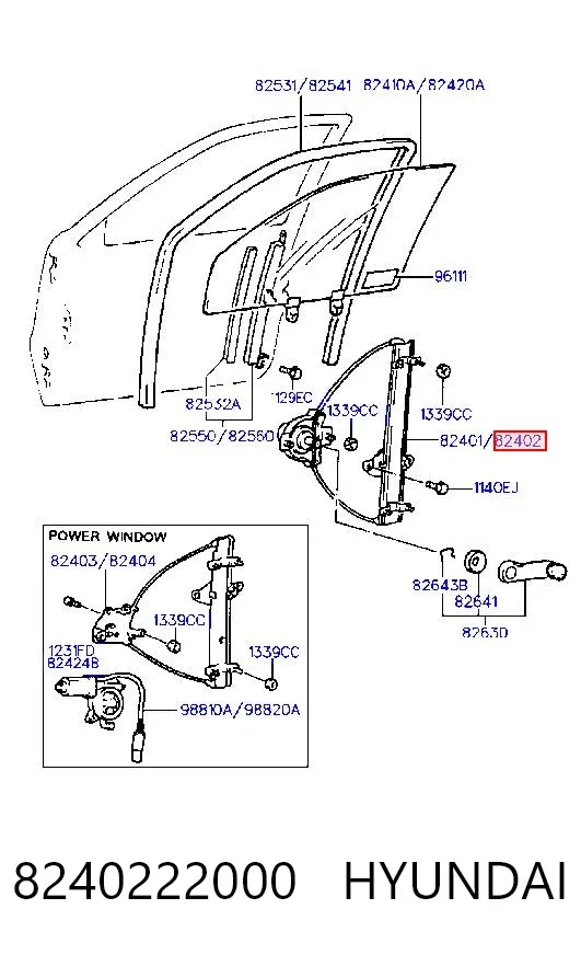 Mechanizm podnoszenia szyby drzwi przednich prawych 8240222000 Hyundai/Kia