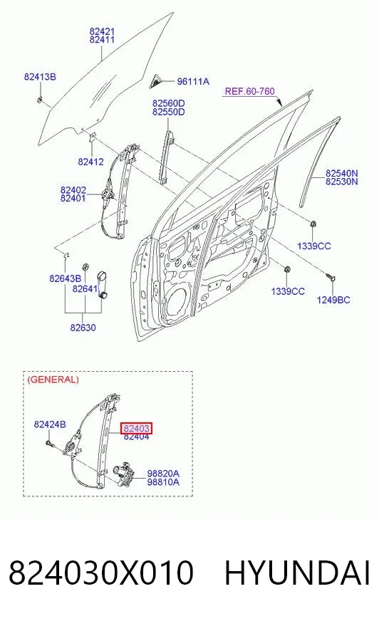 Mechanizm podnoszenia szyby drzwi przednich lewych 824030X010 Hyundai/Kia