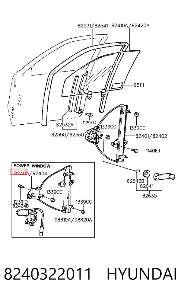 Mechanizm podnoszenia szyby drzwi przednich lewych 8240322011 Hyundai/Kia