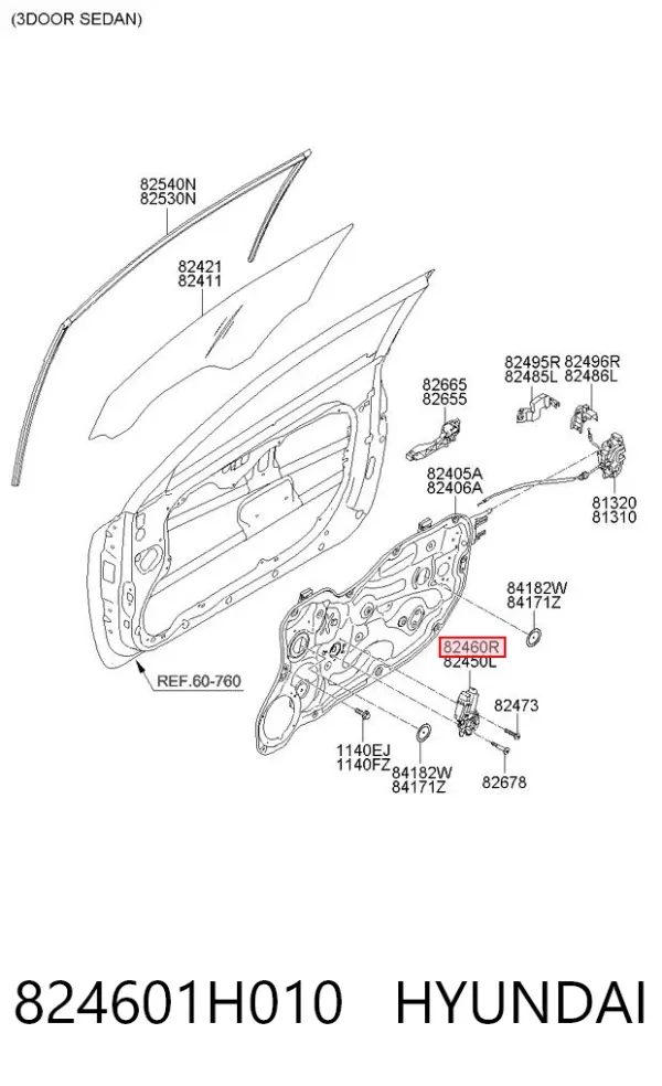 Silniczek podnośnika szyby drzwi przednich prawych 824601H010 Hyundai/Kia