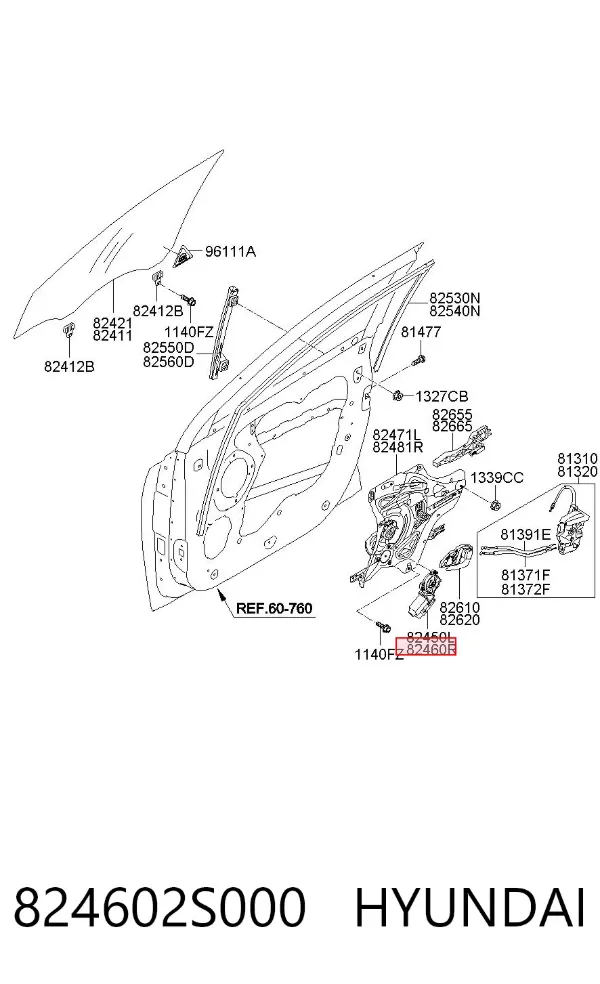 Mechanizm podnoszenia szyby drzwi przednich prawych 824602S000 Hyundai/Kia