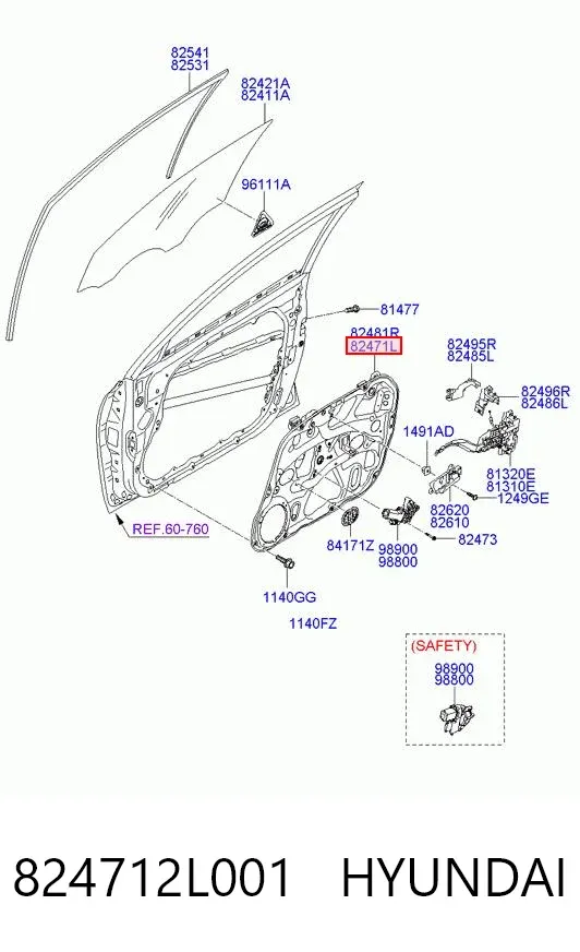 Mechanizm podnoszenia szyby drzwi przednich lewych 824712L001 Hyundai/Kia