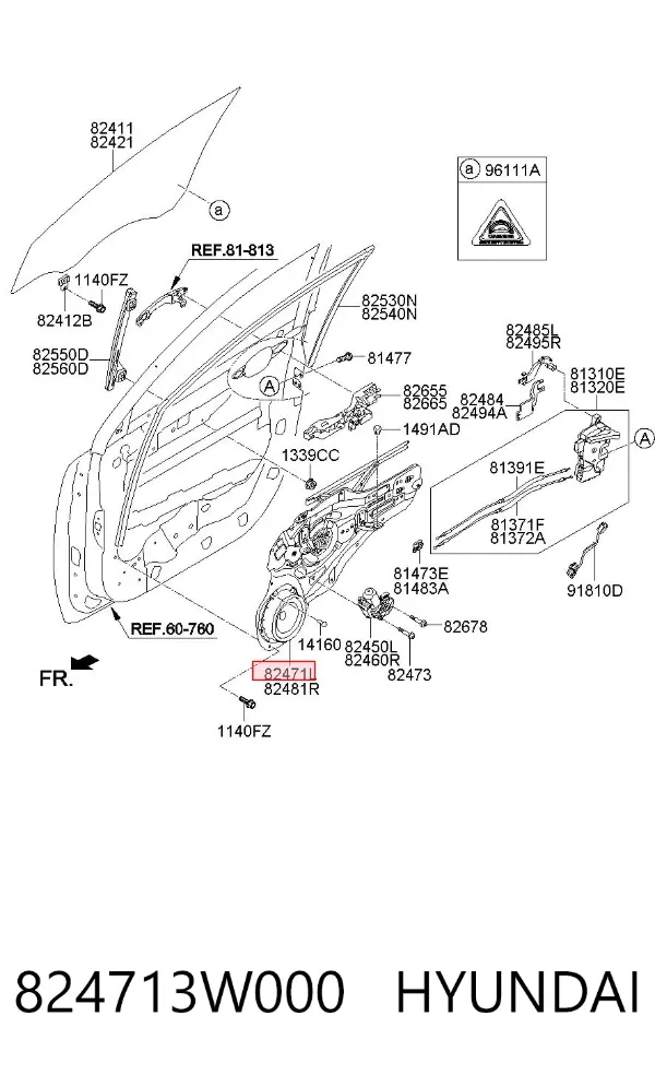 Mechanizm podnoszenia szyby drzwi przednich lewych 824713W000 Hyundai/Kia