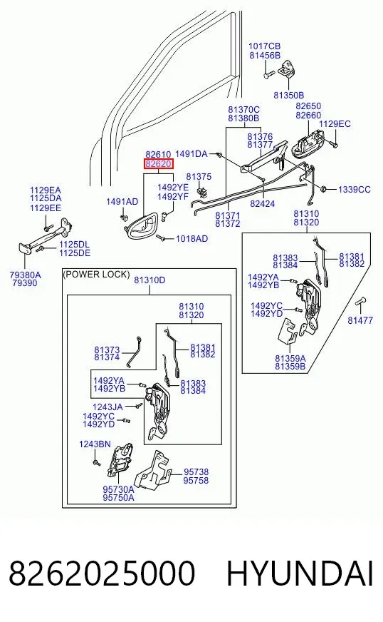 Klamka drzwi prawych przednia/tylna wewnętrzna 8262025000 Hyundai/Kia
