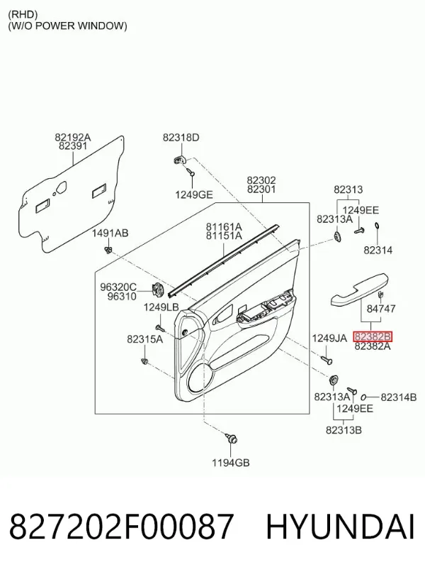 Rączka podłokietnika drzwi przednich wewnętrzna prawa 827202F00087 Hyundai/Kia