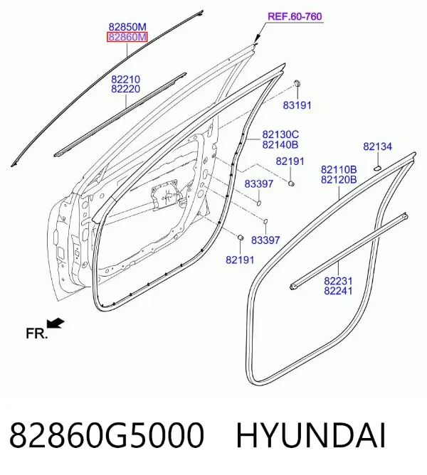 Listwa ochronna drzwi przednich prawych górna 82860G5000 Hyundai/Kia