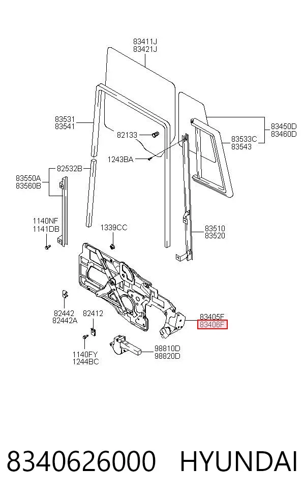 Mechanizm podnoszenia szyby drzwi tylnych prawych 8340626000 Hyundai/Kia