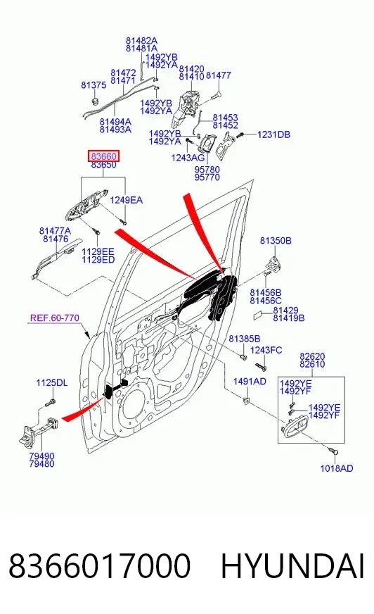 Klamka drzwi tylnych prawa zewnętrzna 8366017000 Hyundai/Kia