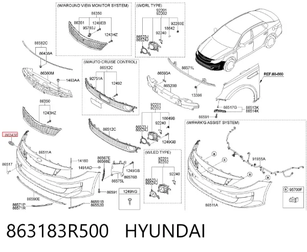 Emblemat na zderzak przedni 863183R500 Hyundai/Kia