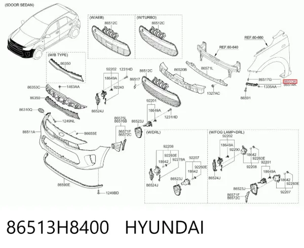 Wspornik do mocowania błotnika przedniego lewy przedni 86513H8400 Hyundai/Kia