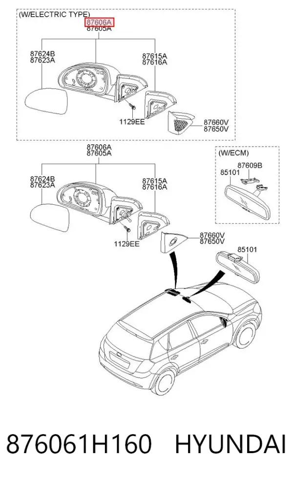 Lusterko wsteczne prawe 876061H160 Hyundai/Kia