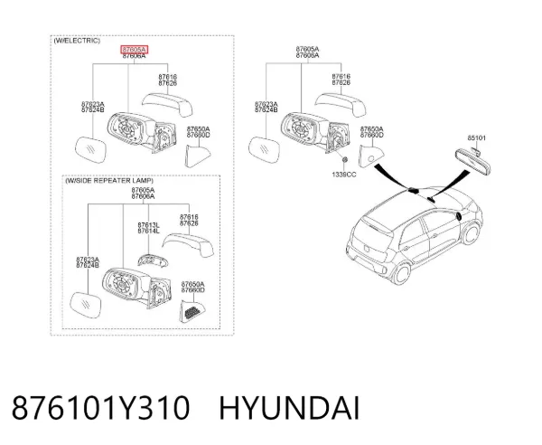 Lusterko wsteczne lewe 876101Y310 Hyundai/Kia