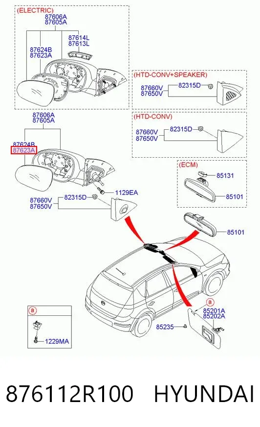 Wkład lusterka wstecznego lewego 876112R100 Hyundai/Kia