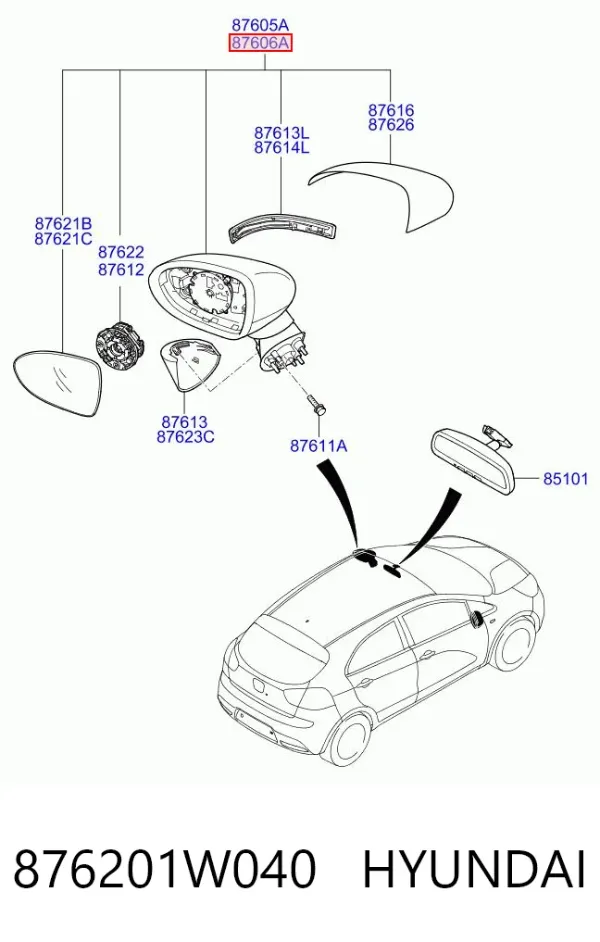 Lusterko wsteczne prawe 876201W040 Hyundai/Kia