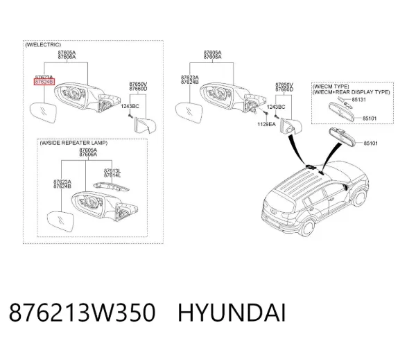 Wkład lusterka wstecznego prawego 876213W350 Hyundai/Kia