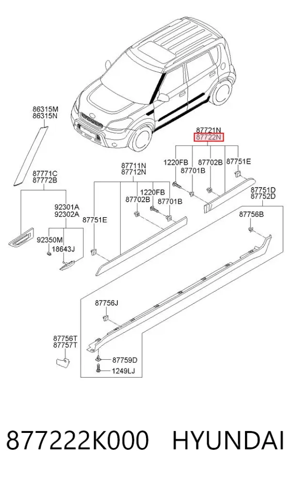 Listwa ochronna drzwi tylnych prawych 877222K000 Hyundai/Kia
