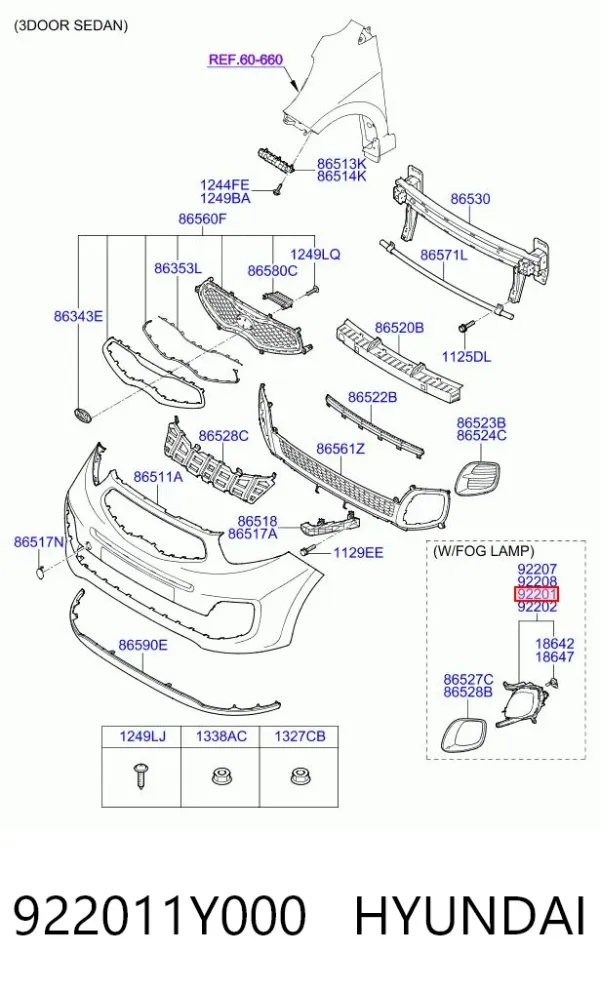 Lampa przeciwmgielna lewa 922011Y000 Hyundai/Kia