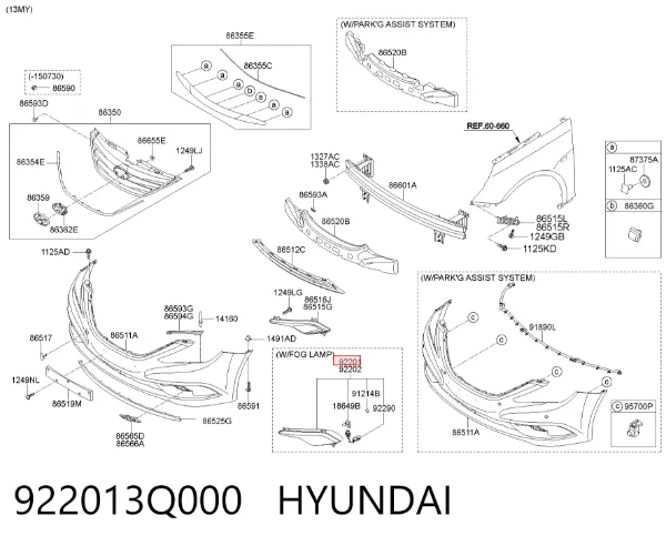 Lampa przeciwmgielna lewa 922013Q000 Hyundai/Kia