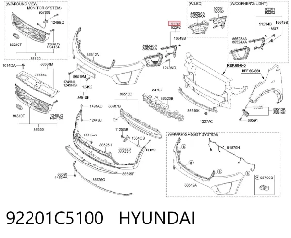Lampa przeciwmgielna lewa 92201C5100 Hyundai/Kia