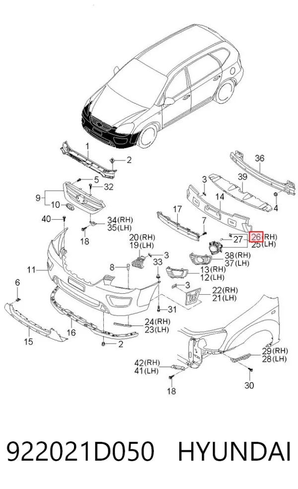 Lampa przeciwmgielna prawa 922021D050 Hyundai/Kia