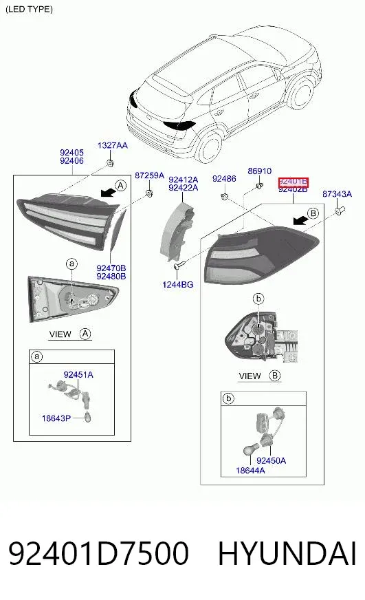 Lampa zespolona tylna lewa zewnętrzna 92401D7500 Hyundai/Kia