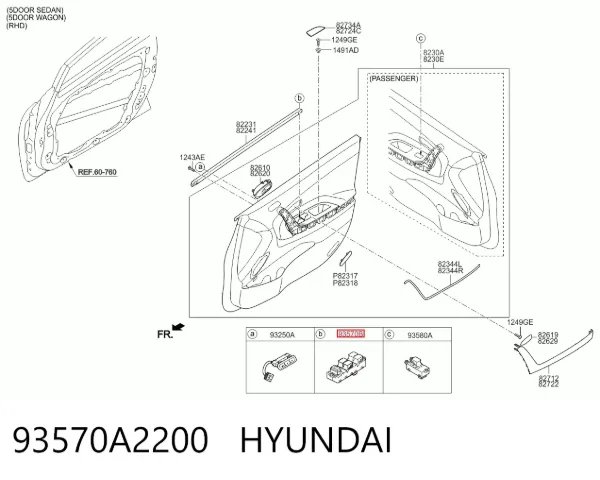 Panel przyciskowy sterowania podnośnikiem szyby przedni lewy 93570A2200 Hyundai/Kia